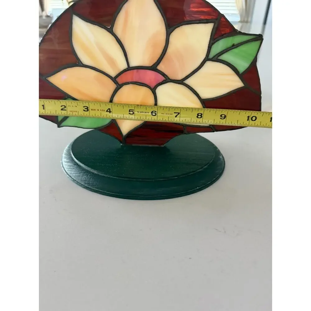 Vintage Stained Glass Flower Panel Wood Stand Tiffany Style Floral Decor